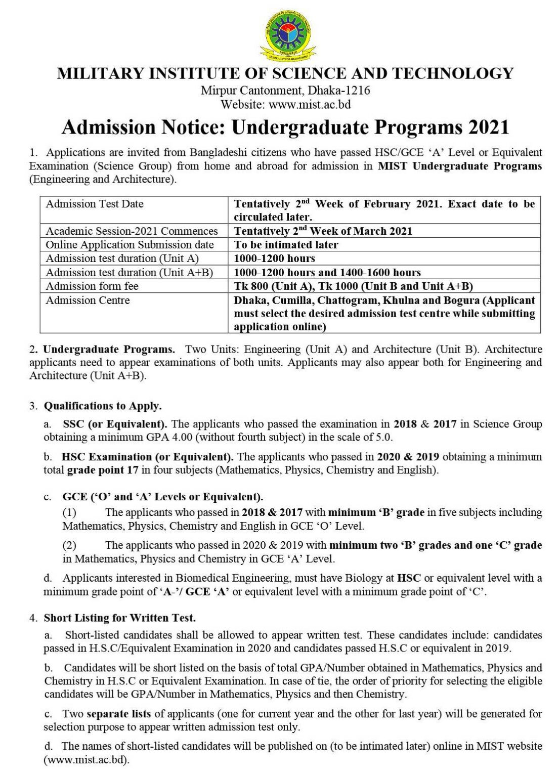 Military Institute Of Science And Technology MIST Admission Circular   MIST Admission Circular 2020 21 1105x1536 