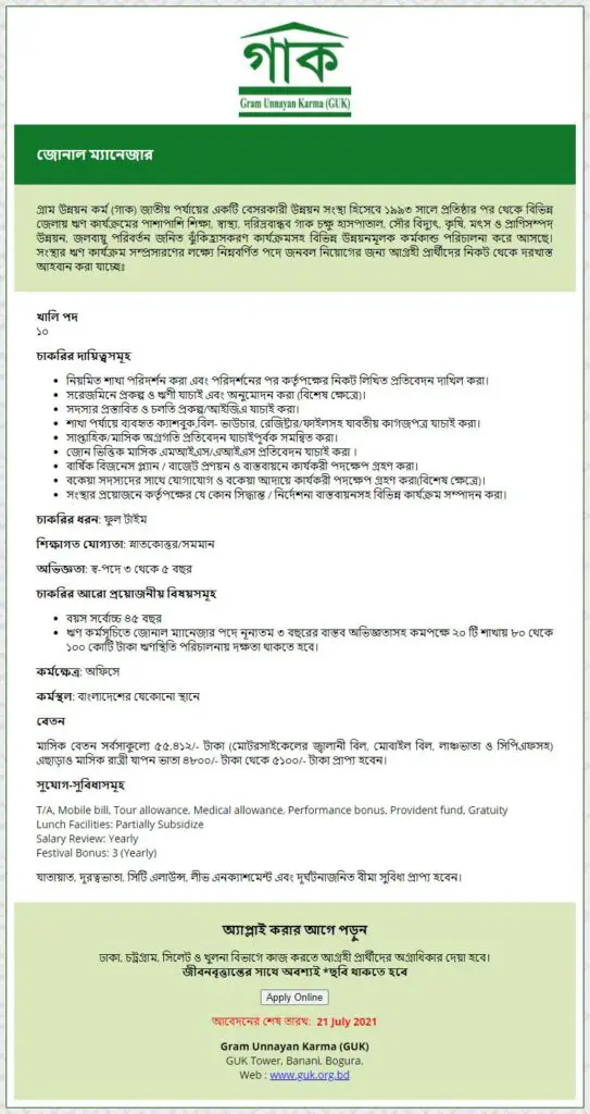 Gram Unnayan Karma GUK Job Circular 2021