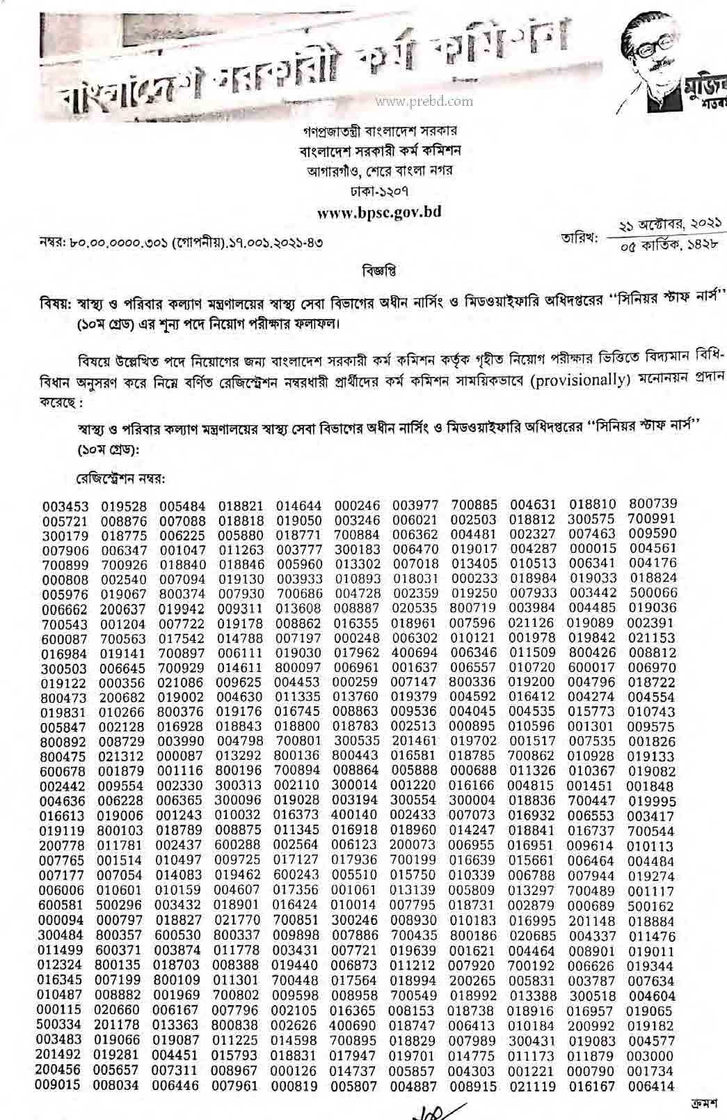 BPSC Senior Staff Nurse Result 2021