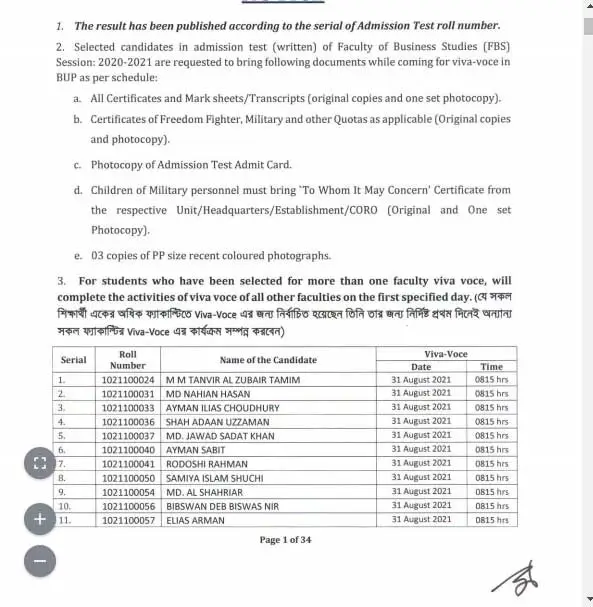 BUP FBS Admission Result 2021