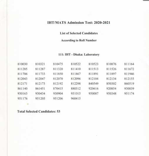 IHT Admission Result 2021