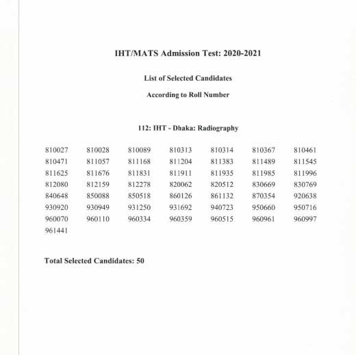 IHT Admission Result 2021 Dhaka