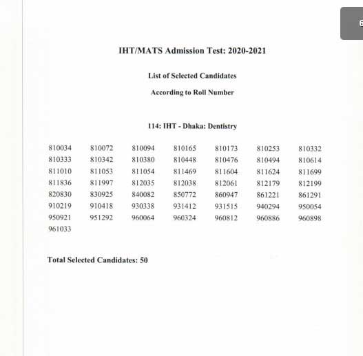 IHT MATS Admission Result 2021