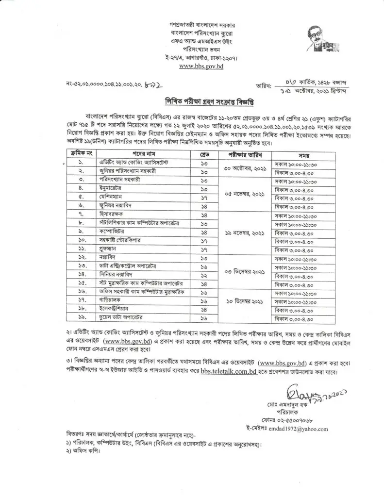 BBS Statistical Assistant Exam Date 2021