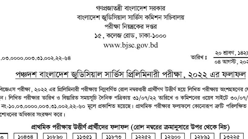 15th BJSC Result 2022(প্রকাশিত) – Bangladesh Judicial Service Commission